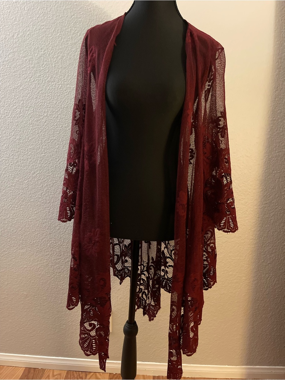 Eyeshadow Burgundy Lace Open-Front Duster Cardigan
